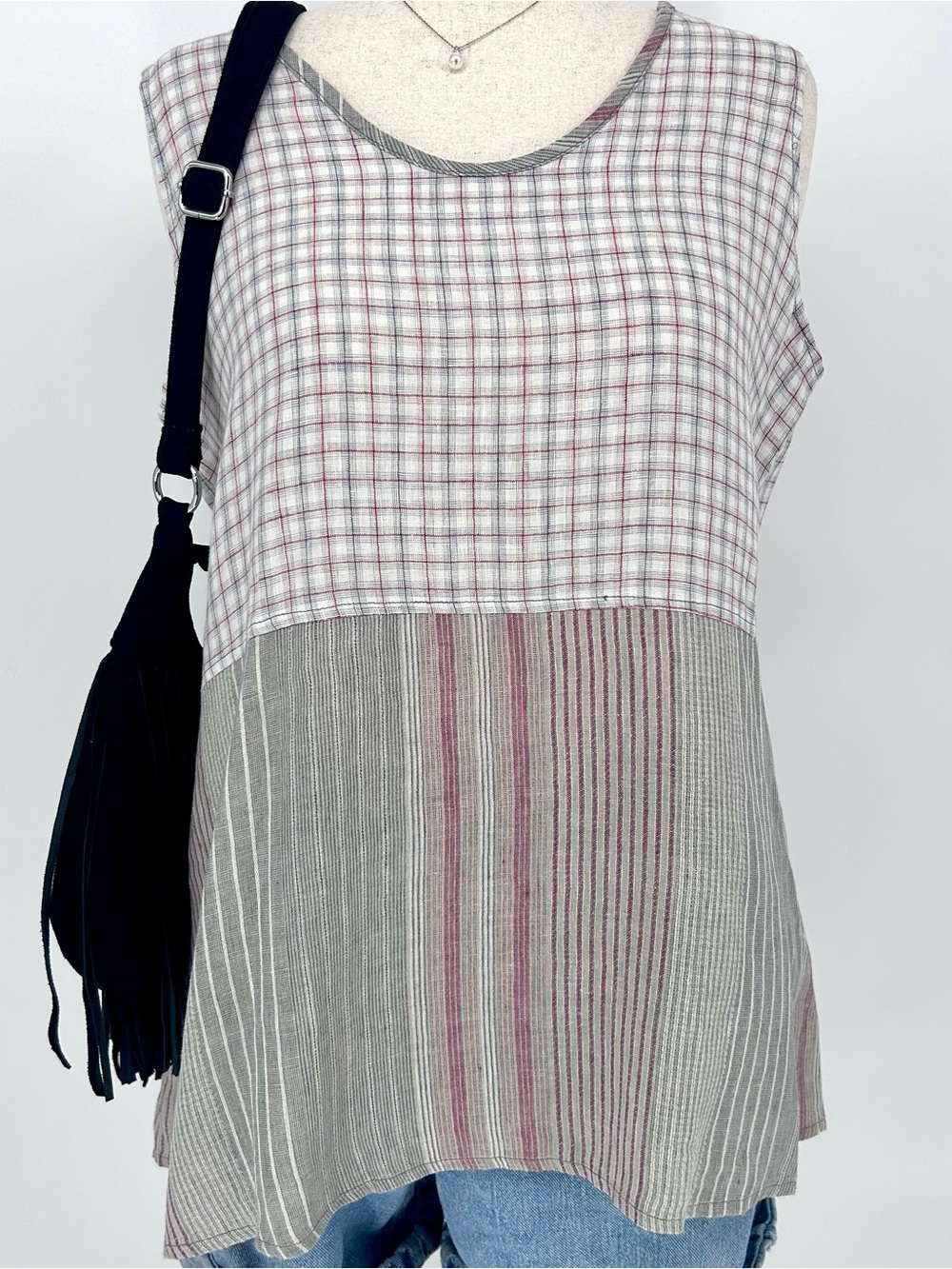 FLAX 100% Linen Patchwork Plaid Tunic Top Artsy Boho Oversized Tank
